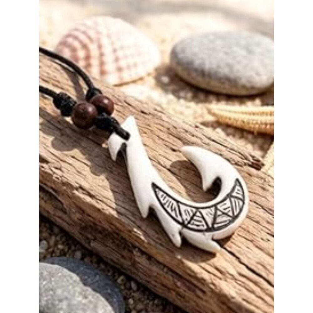 Hawaiian Fish Hook Pendant Necklace Features Tribal-Inspired Hook on Hemp Cord